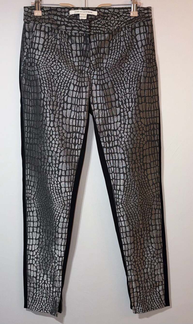 Diane von Furstenberg Alexis Metallic Jacquard Alligator Skinny Pants Black